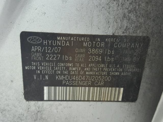 KMHDU46D47U205200 - 2007 HYUNDAI ELANTRA GL SILVER photo 10