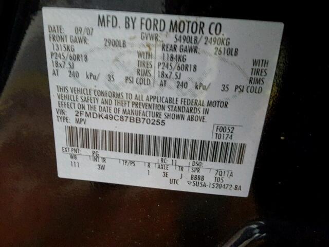 2FMDK49C87BB70255 - 2007 FORD EDGE SEL P BLACK photo 10