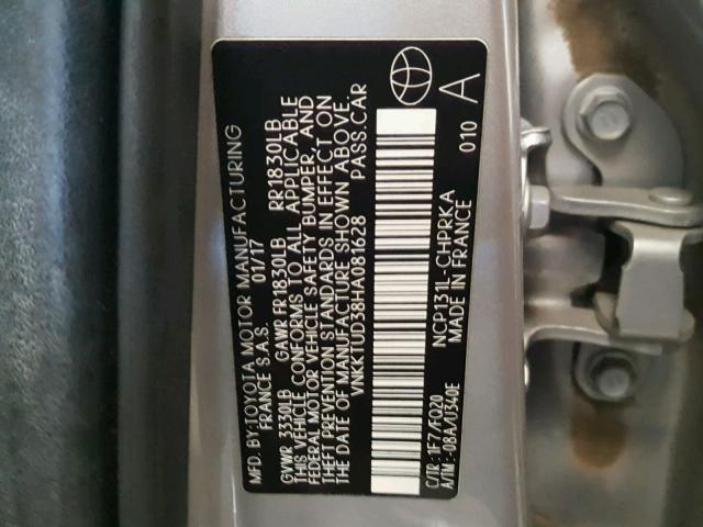 VNKKTUD38HA081628 - 2017 TOYOTA YARIS L SILVER photo 10