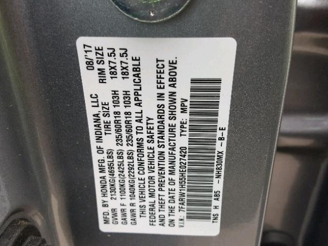 7FARW1H55HE027420 - 2017 HONDA CR-V EX SILVER photo 10