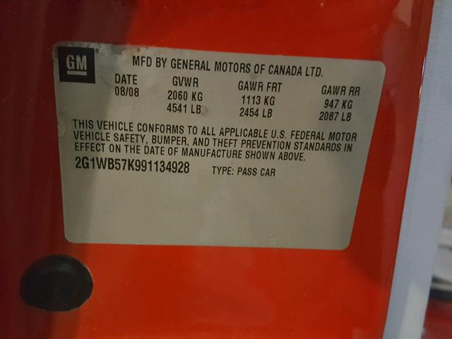 2G1WB57K991134928 - 2009 CHEVROLET IMPALA LS RED photo 10