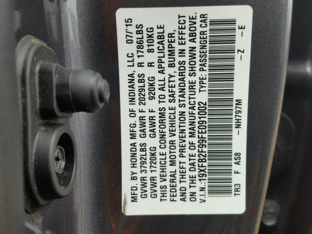 19XFB2F99FE091002 - 2015 HONDA CIVIC EXL GRAY photo 10