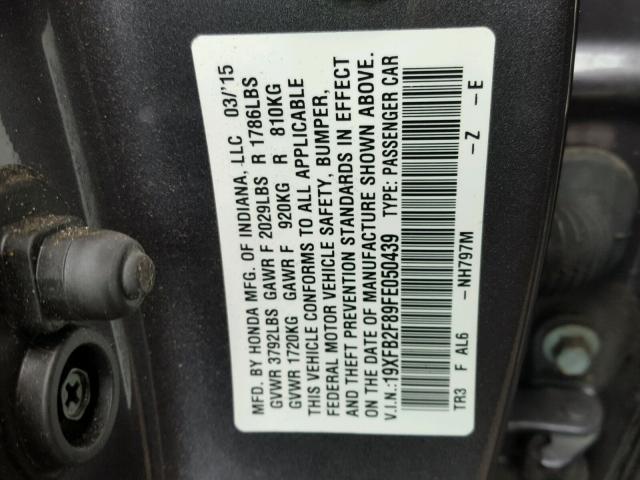 19XFB2F89FE050439 - 2015 HONDA CIVIC EX GRAY photo 10