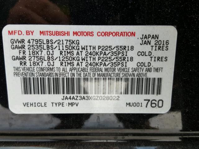 JA4AZ3A3XGZ028022 - 2016 MITSUBISHI OUTLANDER BLACK photo 10