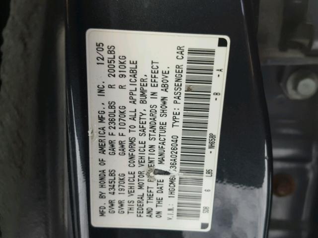 1HGCM66536A026040 - 2006 HONDA ACCORD EX GRAY photo 10