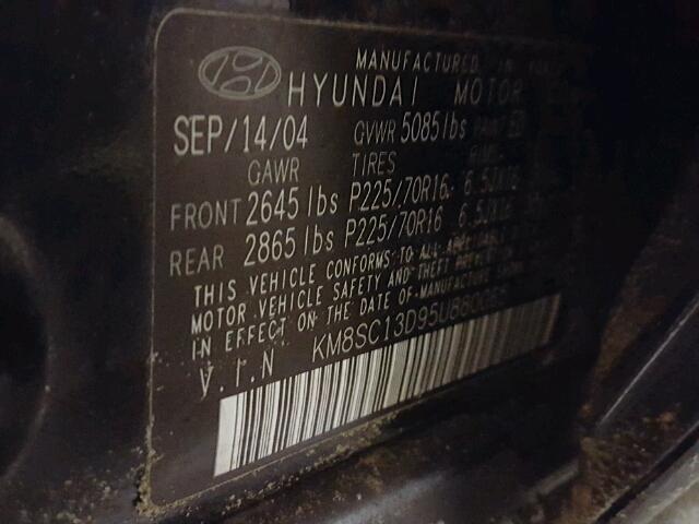 KM8SC13D95U880065 - 2005 HYUNDAI SANTA FE G BLACK photo 10