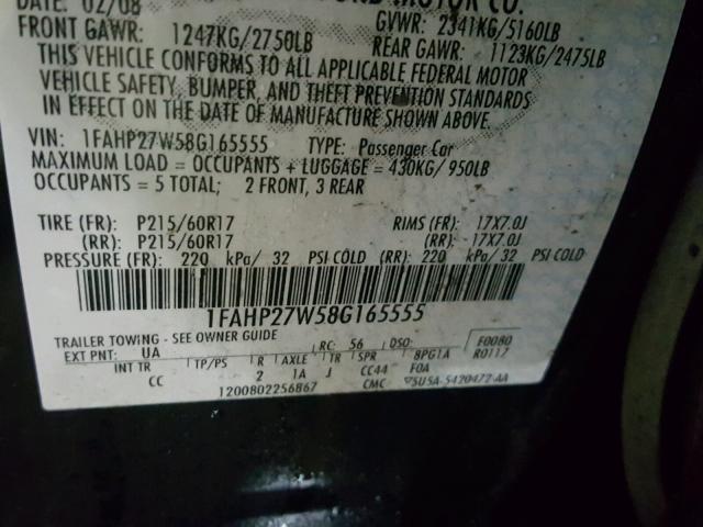 1FAHP27W58G165555 - 2008 FORD TAURUS SEL BLACK photo 10