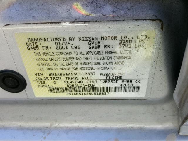 3N1AB51A55L512837 - 2005 NISSAN SENTRA SE- SILVER photo 10