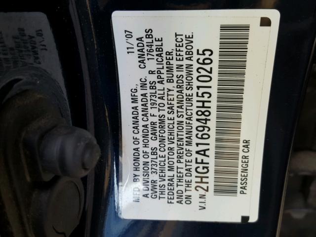 2HGFA16948H510265 - 2008 HONDA CIVIC EXL أزرق صورة 10