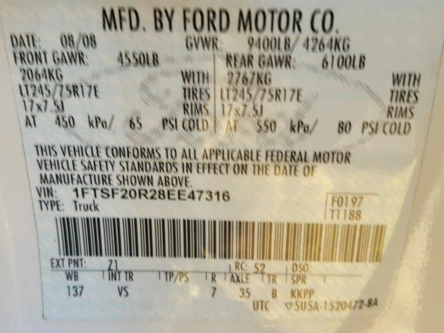 1FTSF20R28EE47316 - 2008 FORD F250 SUPER WHITE photo 10