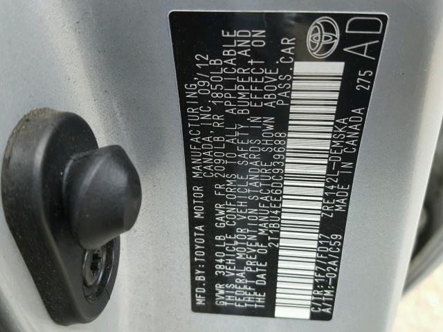 2T1BU4EE6DC939688 - 2013 TOYOTA COROLLA BA SILVER photo 10