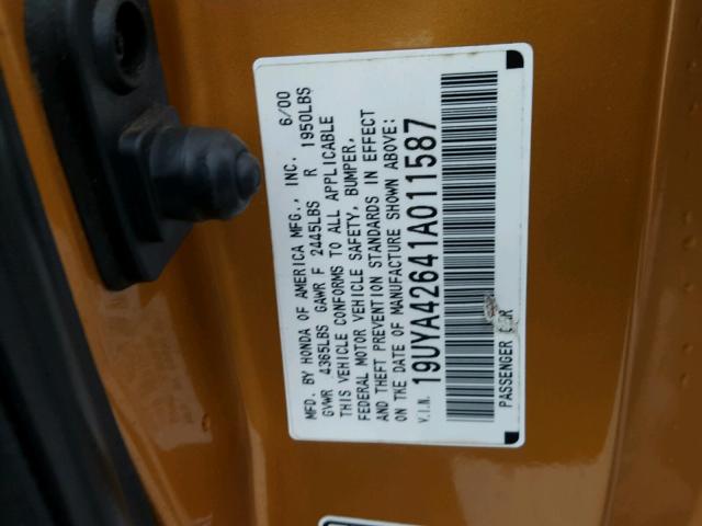 19UYA42641A011587 - 2001 ACURA 3.2CL TYPE ORANGE photo 10