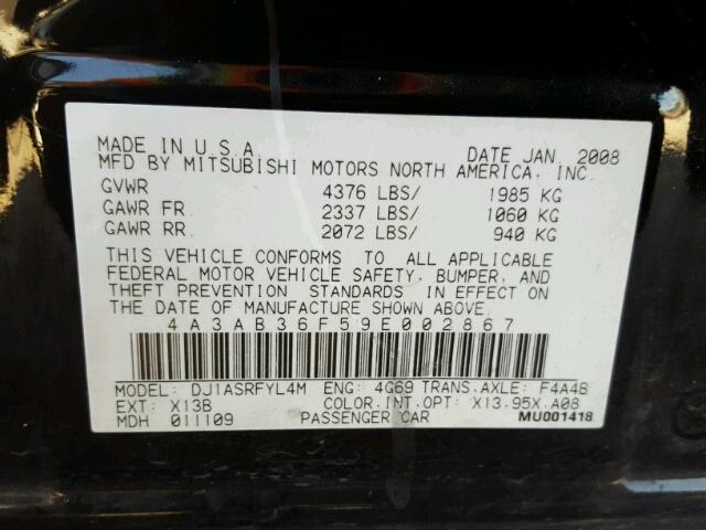 4A3AB36F59E002867 - 2009 MITSUBISHI GALANT ES BLACK photo 10