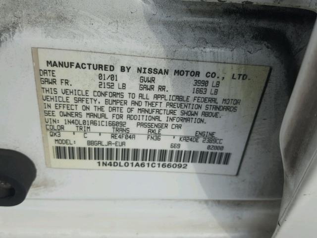 1N4DL01A61C166092 - 2001 NISSAN ALTIMA GXE WHITE photo 10