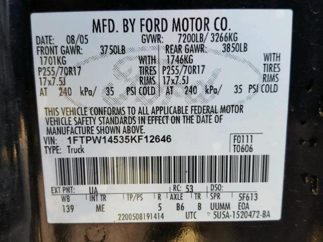 1FTPW14535KF12646 - 2005 FORD F150 SUPER BLACK photo 10