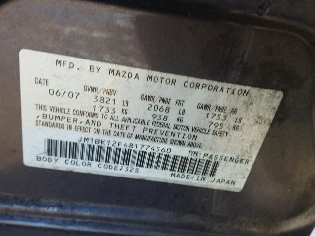 JM1BK12F481774560 - 2008 MAZDA 3 I CHARCOAL photo 10