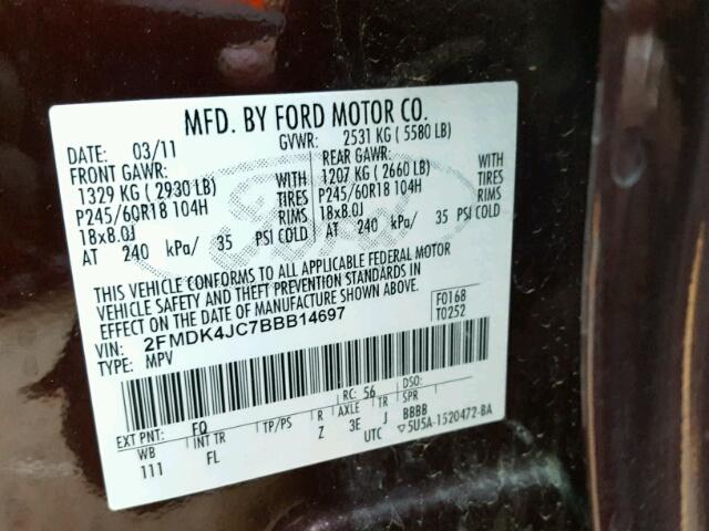 2FMDK4JC7BBB14697 - 2011 FORD EDGE SEL BURGUNDY photo 10