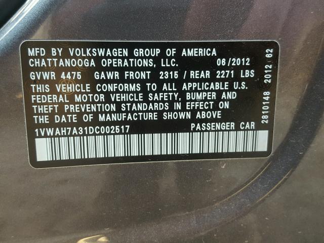 1VWAH7A31DC002517 - 2013 VOLKSWAGEN PASSAT S ნაცრისფერი ფოტო 10