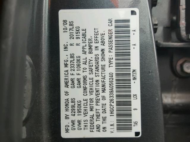 1HGCP26339A056240 - 2009 HONDA ACCORD LX YELLOW photo 10