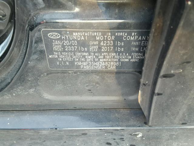 KMHWF35HX3A828981 - 2003 HYUNDAI SONATA GLS BLACK photo 10