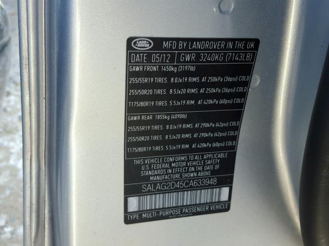 SALAG2D45CA633948 - 2012 LAND ROVER LR4 HSE SILVER photo 10