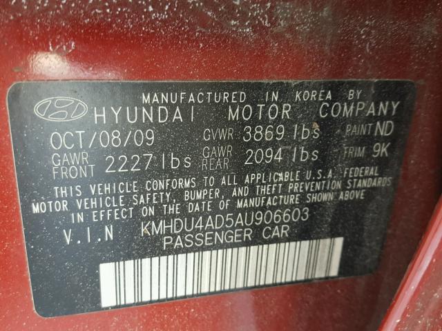 KMHDU4AD5AU906603 - 2010 HYUNDAI ELANTRA BL RED photo 10