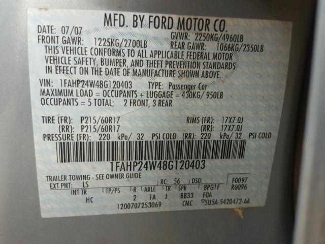 1FAHP24W48G120403 - 2008 FORD TAURUS SEL TEAL photo 10