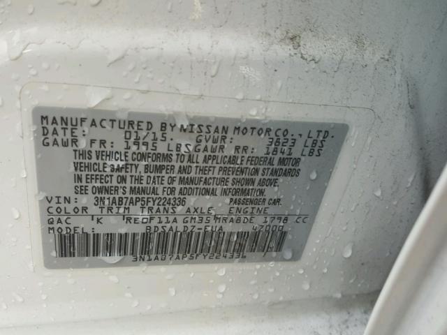 3N1AB7AP5FY224336 - 2015 NISSAN SENTRA S WHITE photo 10