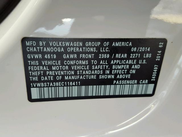 1VWBS7A38EC116411 - 2014 VOLKSWAGEN PASSAT SE WHITE photo 10