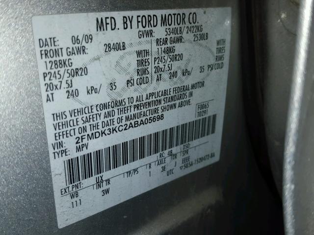 2FMDK3KC2ABA05698 - 2010 FORD EDGE LIMIT SILVER photo 10