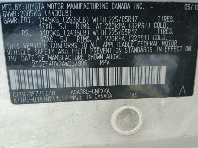 2T3ZF4DV2AW037986 - 2010 TOYOTA RAV4 SILVER photo 10