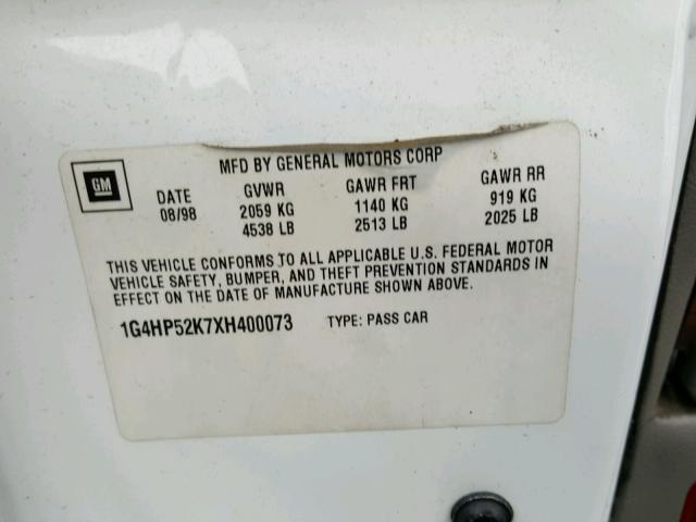 1G4HP52K7XH400073 - 1999 BUICK LESABRE CU WHITE photo 10