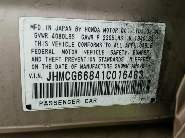 JHMCG66841C016483 - 2001 HONDA ACCORD EX GOLD photo 10