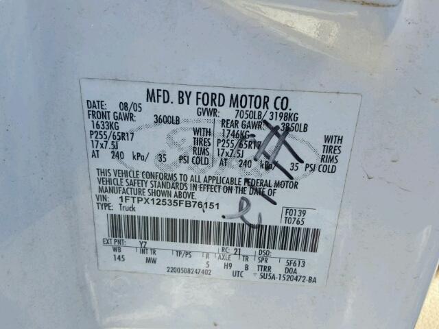 1FTPX12535FB76151 - 2005 FORD F150 WHITE photo 10