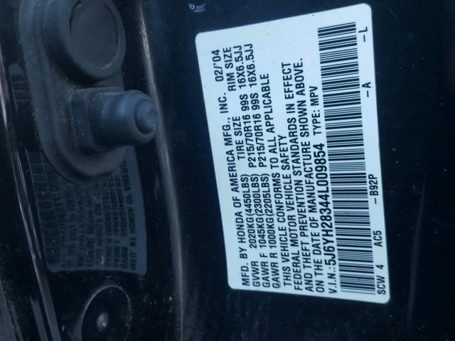 5J6YH28344L009854 - 2004 HONDA ELEMENT LX BLACK photo 10