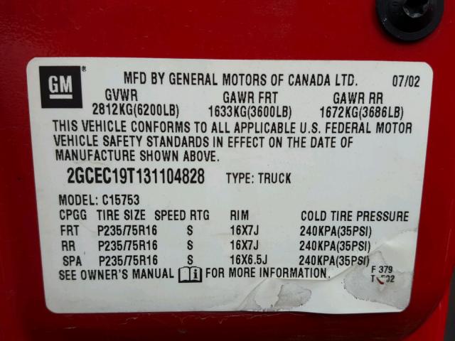 2GCEC19T131104828 - 2003 CHEVROLET SILVERADO RED photo 10