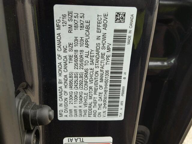 2HKRW1H81HH501306 - 2017 HONDA CR-V EXL GRAY photo 10