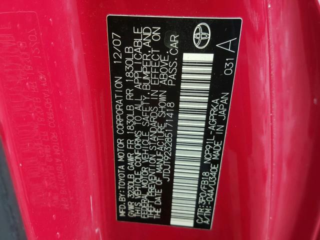 JTDJT923285171418 - 2008 TOYOTA YARIS RED photo 10