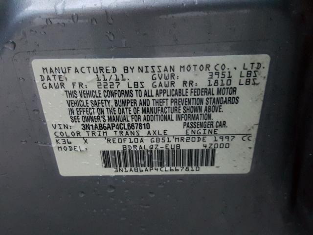 3N1AB6AP4CL667810 - 2012 NISSAN SENTRA 2.0 GRAY photo 10