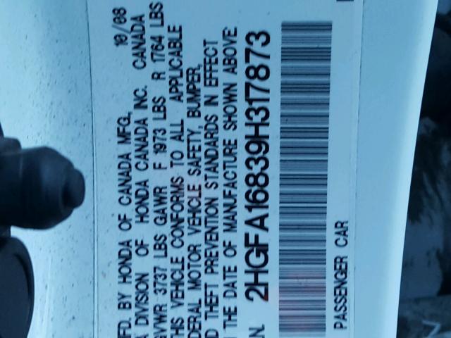 2HGFA16839H317873 - 2009 HONDA CIVIC EX თეთრი ფოტო 10