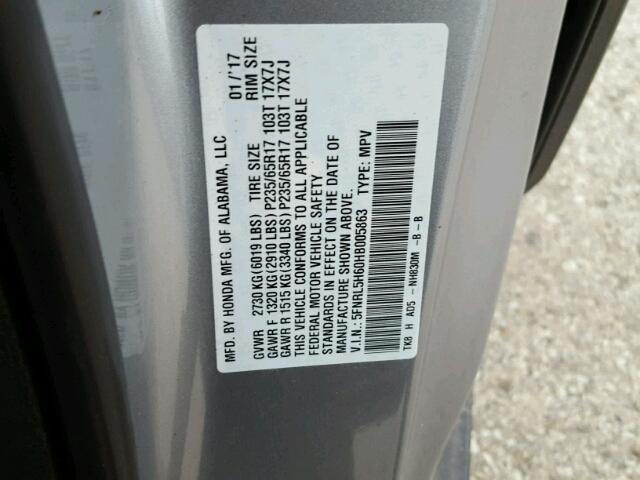 5FNRL5H60HB005863 - 2017 HONDA ODYSSEY EX SILVER photo 10