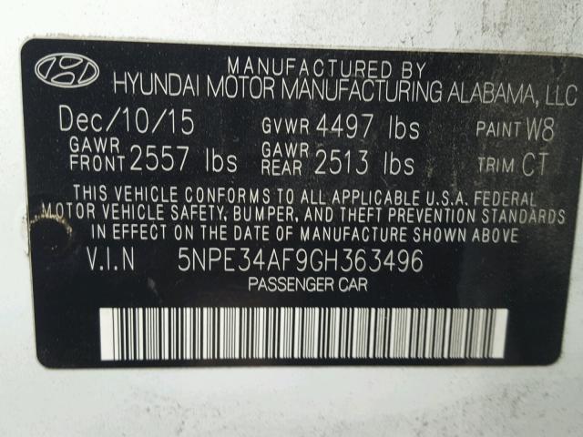 5NPE34AF9GH363496 - 2016 HYUNDAI SONATA SPO WHITE photo 10