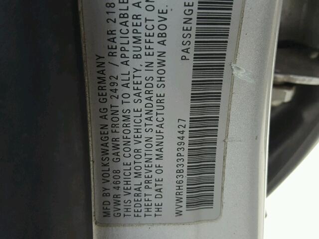 WVWRH63B33P394427 - 2003 VOLKSWAGEN PASSAT GLX GRAY photo 10