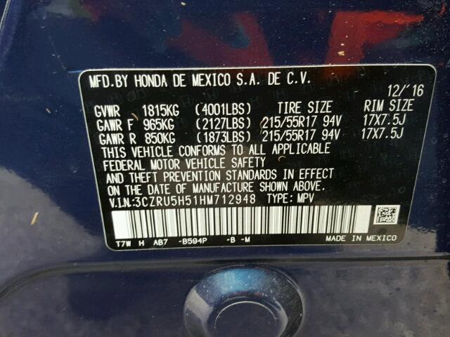 3CZRU5H51HM712948 - 2017 HONDA HR-V EX BLUE photo 10