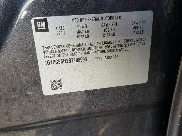 1G1PC5SH2B7108998 - 2011 CHEVROLET CRUZE LS CHARCOAL photo 10