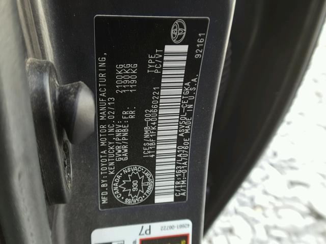 4T1BF1FK4DU660221 - 2013 TOYOTA CAMRY L GRAY photo 10