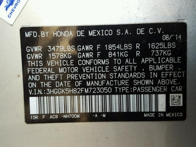 3HGGK5H82FM723050 - 2015 HONDA FIT EX SILVER photo 10