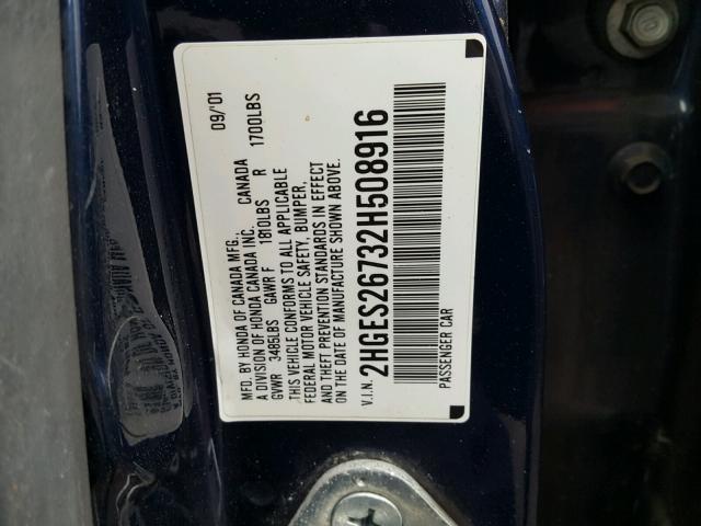 2HGES26732H508916 - 2002 HONDA CIVIC EX BLUE photo 10