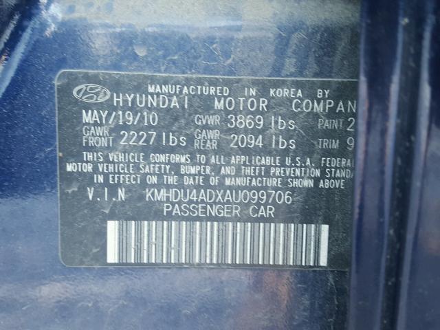 KMHDU4ADXAU099706 - 2010 HYUNDAI ELANTRA BL BLUE photo 10