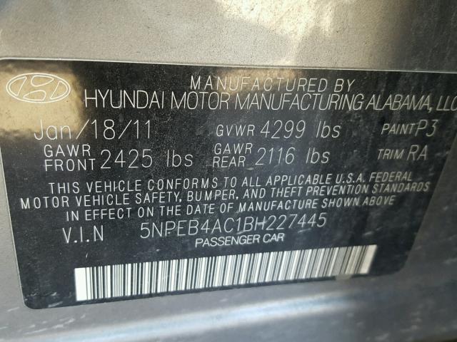 5NPEB4AC1BH227445 - 2011 HYUNDAI SONATA GLS GRAY photo 10